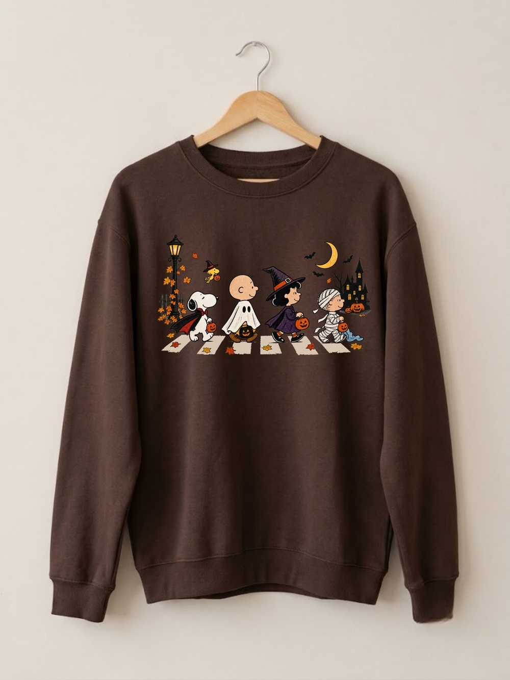 Peanuts Gang Halloween Crossing Brown Spooky Fall Aesthetic Gildan Sweatshirt